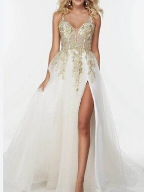 White Tulle Prom Gown with Gold Embellished Bodice and High Slit